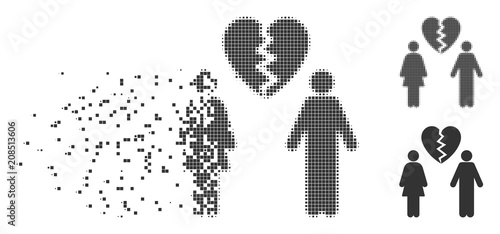 Dispersed family divorce pixel icon with disintegration effect. Halftone pixelated and undamaged solid grey variants. Dots have rectangle shape.