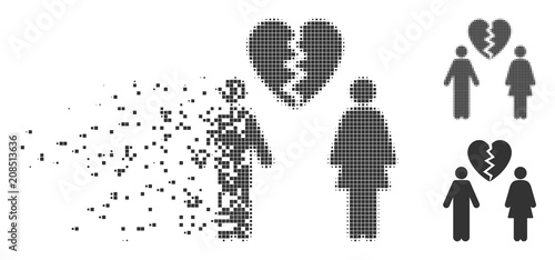 Dispersed family divorce pixel icon with disintegration effect. Halftone pixelated and undamaged entire gray variants. Dots have rectangle shape. Pieces are grouped into dispersed family divorce form.