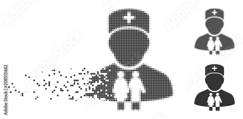 Fractured family doctor dotted icon with disintegration effect. Halftone pixelated and undamaged solid grey versions. Dots have rectangular shape.