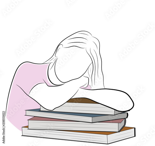 the girl lies leaning on books. the concept of study. vector illustration