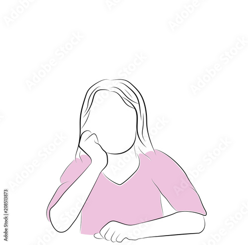 the girl sits thinking, leaning on her arm. vector illustration.