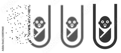 Dissolved in vitro baby dotted icon with disintegration effect. Halftone dotted and undamaged solid grey variants. Dots have rectangle shape.
