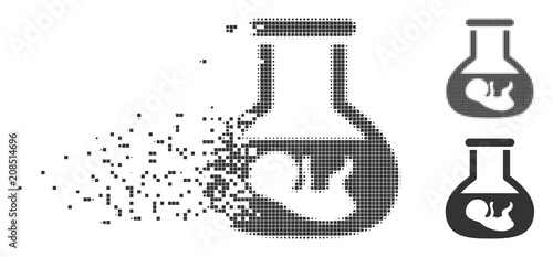 Dispersed in vitro embryo dotted icon with disintegration effect. Halftone pixelated and undamaged whole gray versions. Dots have square shape.