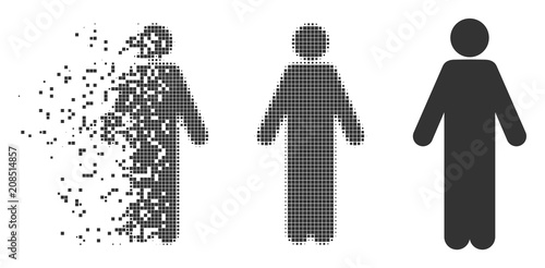 Dissolved male pixel icon with disintegration effect. Halftone dotted and undamaged entire gray versions. Dots have rectangle shape. Pixels are organized into disappearing male form.