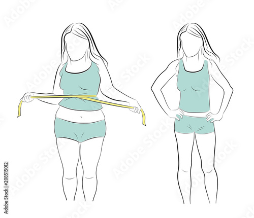 full woman with a meter. woman with a good figure. losing weight. vector illustration.
