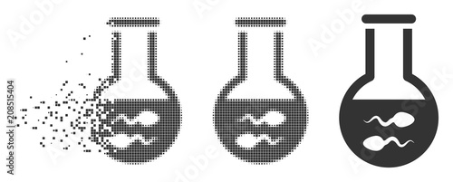 Dissolved sperm flask dotted icon with disintegration effect. Halftone pixelated and undamaged whole gray variants. Dots have square shape. Fragments are composed into dissolving sperm flask figure.