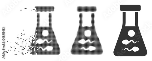 Dissolved sperm retort dotted icon with disintegration effect. Halftone dotted and undamaged entire gray versions. Dots have rectangular shape. Particles are combined into dispersed sperm retort form.