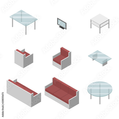 Set of Living room furniture. Chair, Sofa, table and television. Isometric Drawing Vector.
