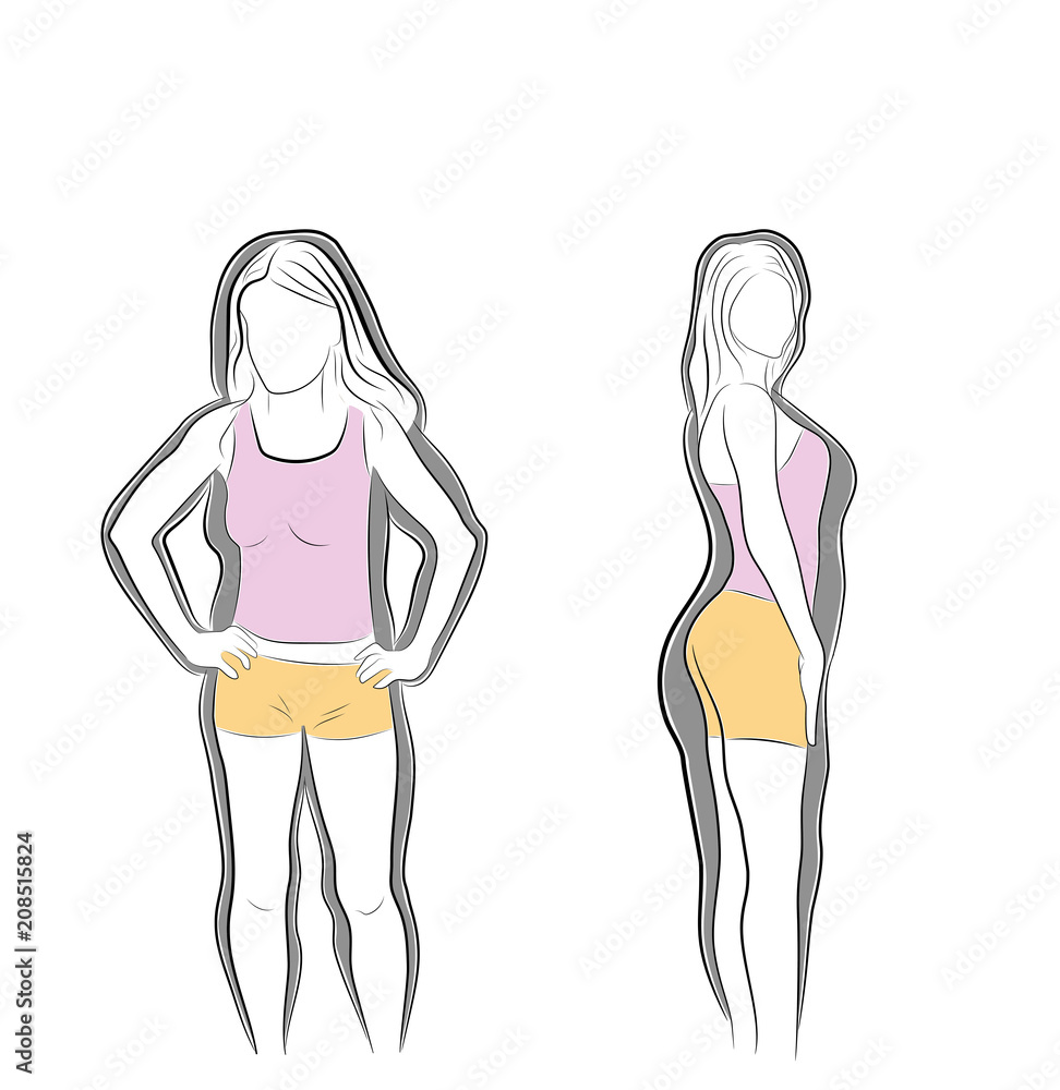 girls before and after losing weight. vector illustration for slimming women. girls before and after losing weight. vector illustration for slimming women.