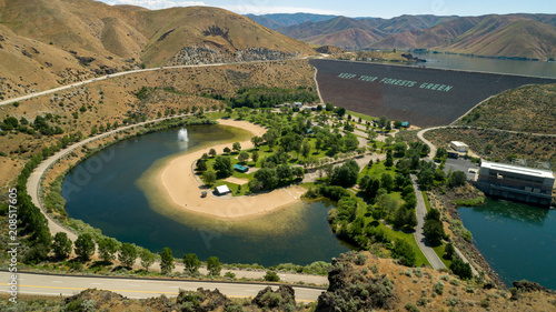 Aerial view of a Hydroelectric Dam on the Boise River in Idaho summer time