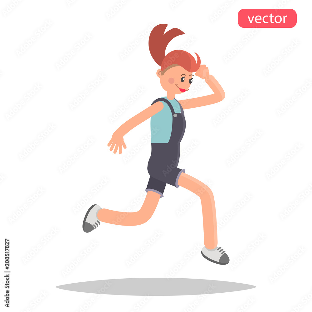 Happy young girl jumping color flat illustration