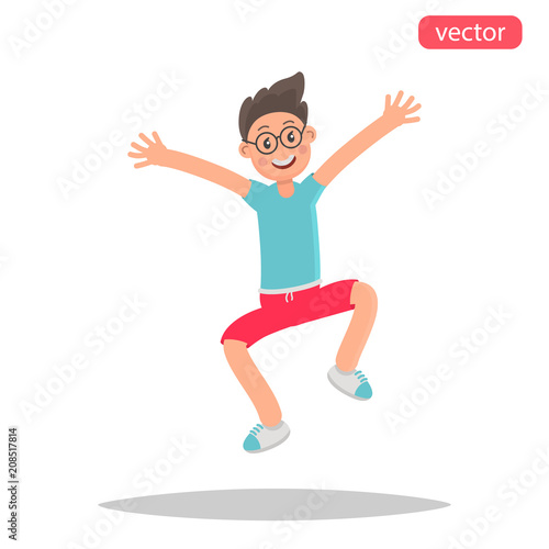 Happy young man jumping color flat illustration