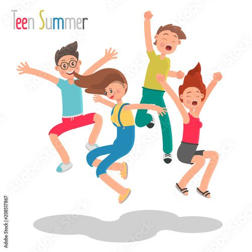 Group of cheerful young people jumping together color flat illustration