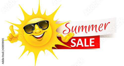 Happy Cartoon Sun with Sunglasses and Banner - Summer Sale