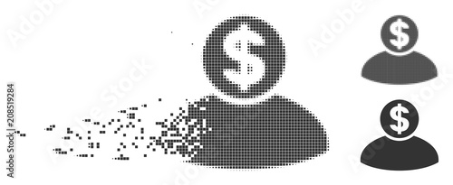 Grey vector banker icon in dispersed, pixelated halftone and undamaged entire variants. Rectangular particles are used for disappearing effect. Points are arranged into disappearing banker pictogram.