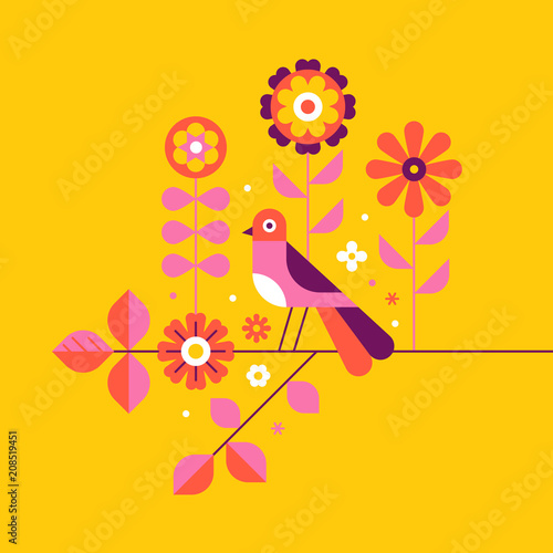 Decorative flowers, leaves and bird