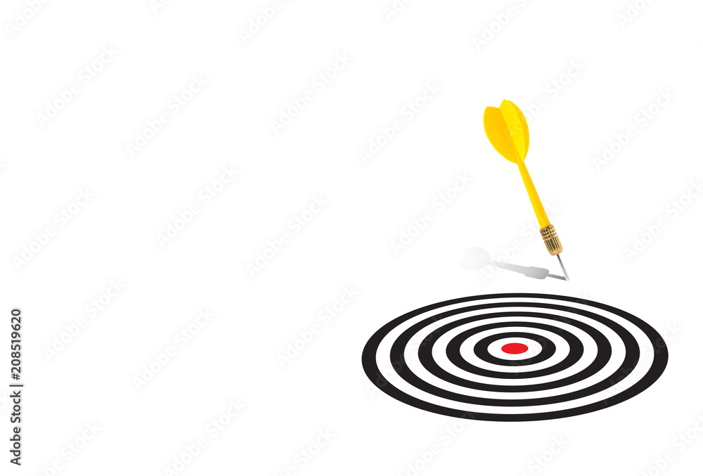 Yellow dart missed the target and hit on the white space bacground, Missed Target Concept Yellow dart missed the target and hit on the white space bacground, Missed Target Concept