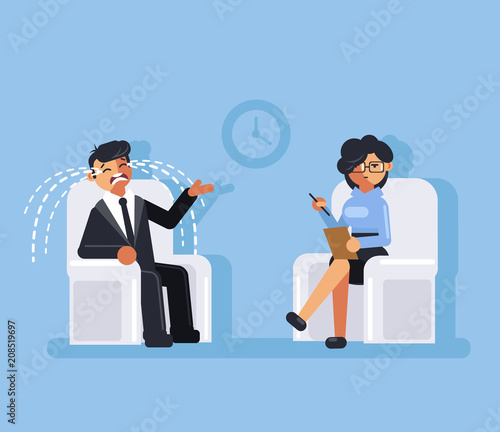 Businessman office worker man character sitting on professional psychologist woman. Mental health help concept. Vector flat cartoon graphic design isolated illustration