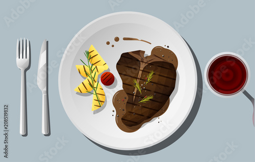Grilled beef, t-bone steak and spices served on plate with red wine , vector , illustration