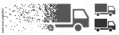 Gray vector delivery lorry icon in dispersed, pixelated halftone and undamaged solid variants. Square particles are used for disappearing effect.