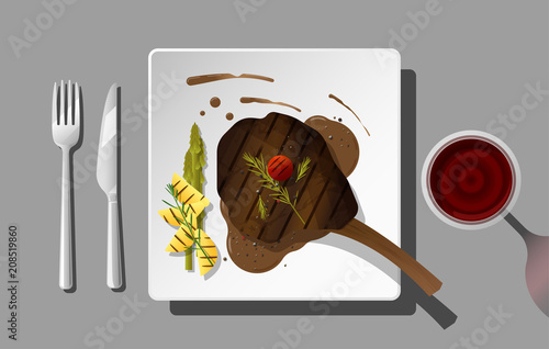 Grilled beef, tomahawk steak and spices served on plate with red wine , vector , illustration