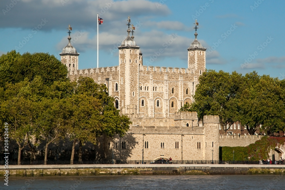 Tower of London, by river Thames on a sunny day