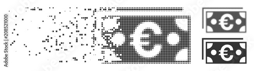 Gray vector Euro banknotes icon in dissolved, dotted halftone and undamaged whole variants. Rectangle particles are used for disappearing effect.