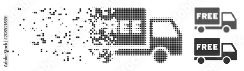 Grey vector free delivery icon in dissolved, dotted halftone and undamaged solid variants. Rectangle dots are used for disappearing effect.