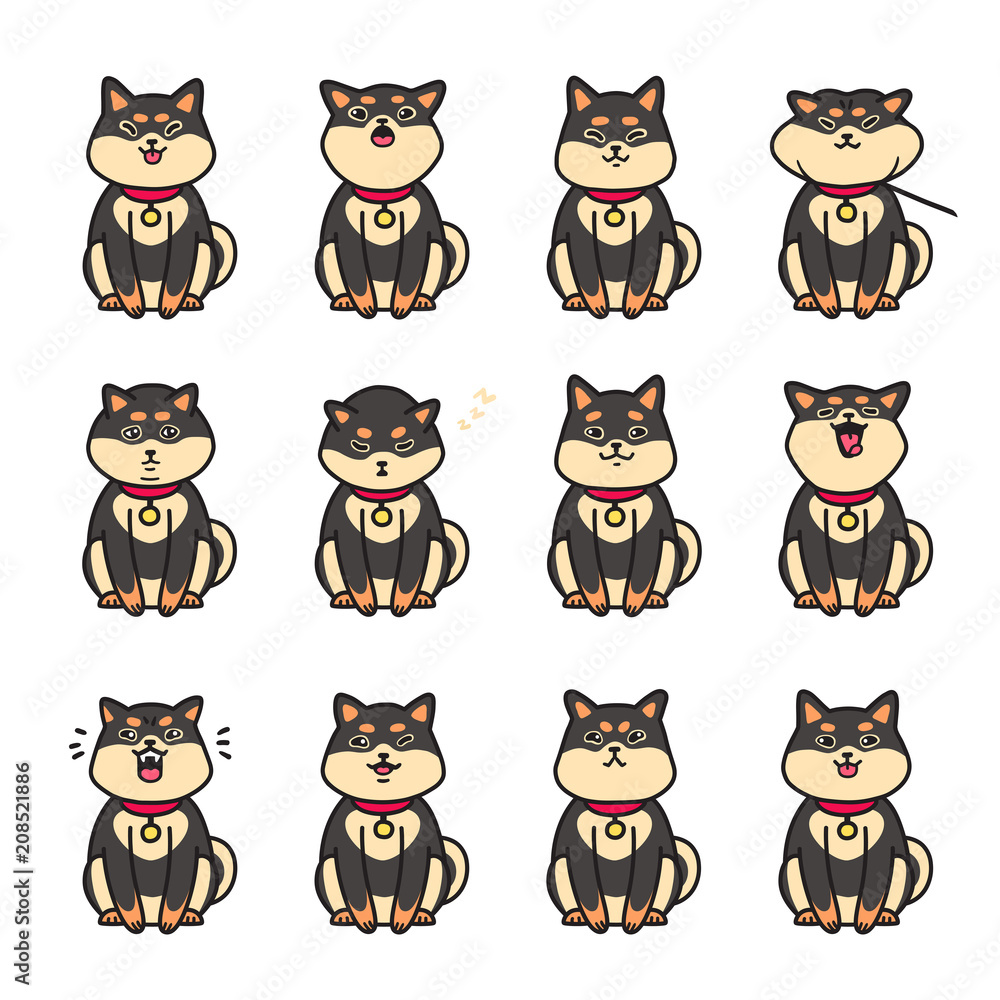 Cute black shiba inu emotions. Stickers vector set. Cute black shiba inu emotions. Stickers vector set.