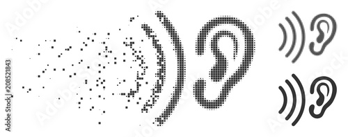 Grey vector listen icon in fractured, pixelated halftone and undamaged solid variants. Rectangle particles are used for disappearing effect. Particles are composed into dispersed listen icon.