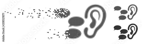 Grey vector listen gossips icon in dispersed, pixelated halftone and undamaged whole versions. Rectangular particles are used for disintegration effect.