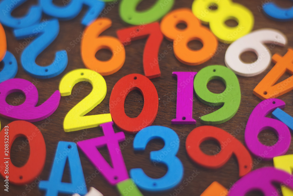 colorful wooden numbers forming the number 2019, For the new year 2019