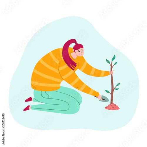 Woman planting a small tree naive style illustration (vector).