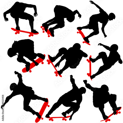 Set black silhouette of an athlete skateboarder in a jump