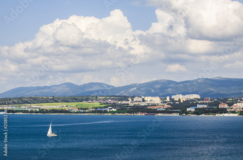 Russia Gelendzhik seascape, yacht, clouds, mountains and sea