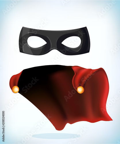 zorro mask. Masquerade costume headdress. Carnival or Halloween mask. Cartoon Vector illustration. Funny super hero flying with cloak. Funny super hero flying with cloak