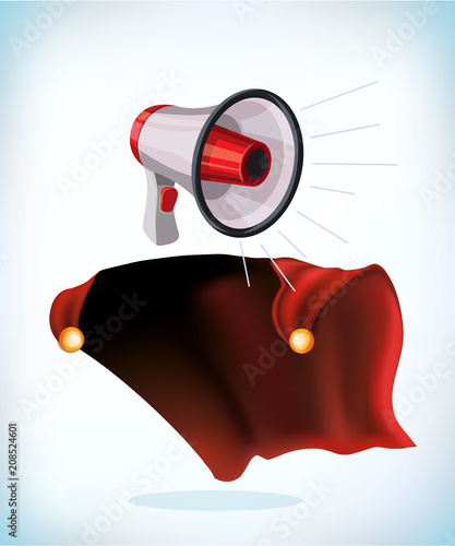 megaphone or bullhorn for amplifying the voice for protests rallies or public speaking. Funny super hero flying with cloak. Funny super hero flying with cloak