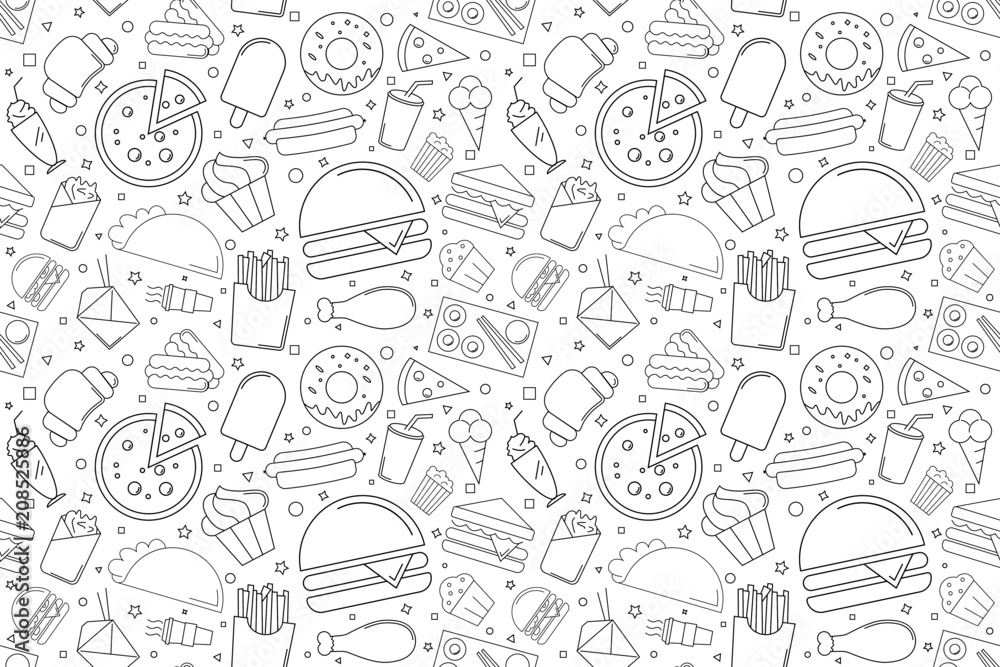 Street food background from line icon. Linear vector pattern