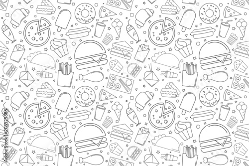 Street food background from line icon. Linear vector pattern