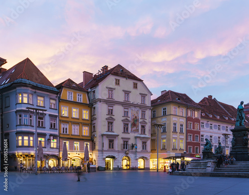 Houses on Hauptplatz and Erzherzog Johann Brunnen at night, Graz, Austria
