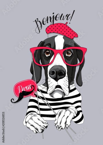 Great Dane Dog in a striped T-shirt and with a red glasses, beret, mustache photo booth props. Vector illustration.