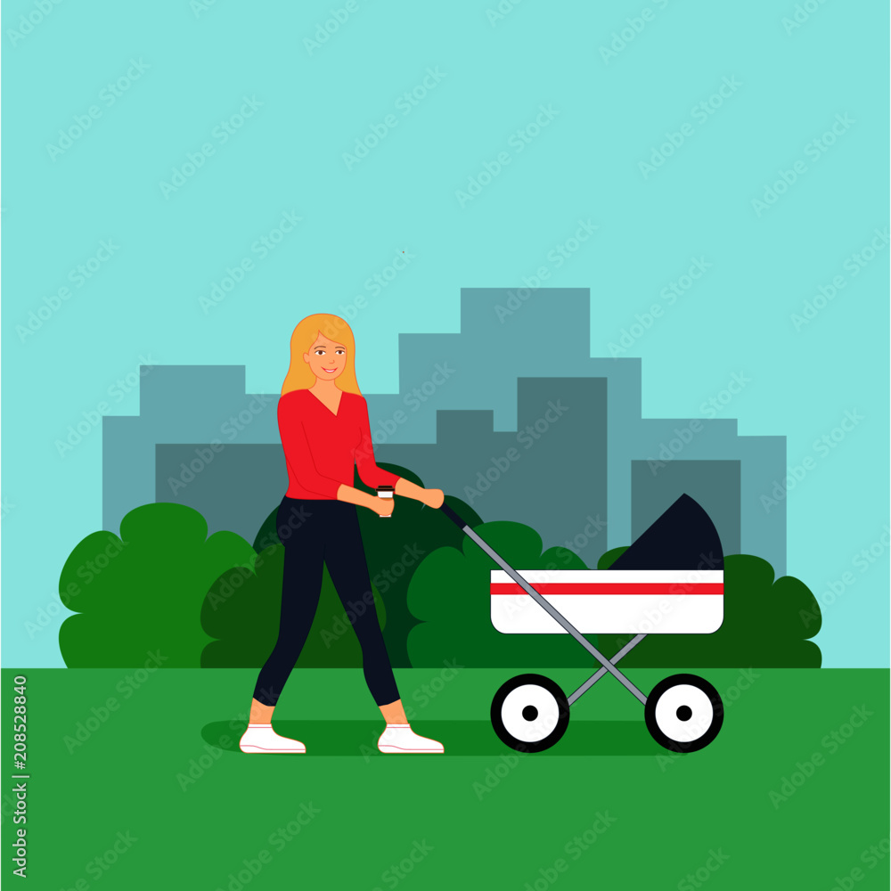 Young mother is walking with her baby in stroller and drinking coffee from the cup. Flat style vector illustration, isolated on modern city background. Poster, banner template. Design for print, web