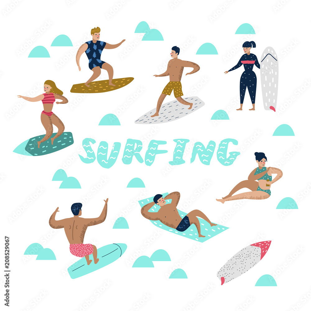 Characters People Surfing at the Beach. Man and Woman Cartoon Surfers. Water Sport Concept. Vector illustration