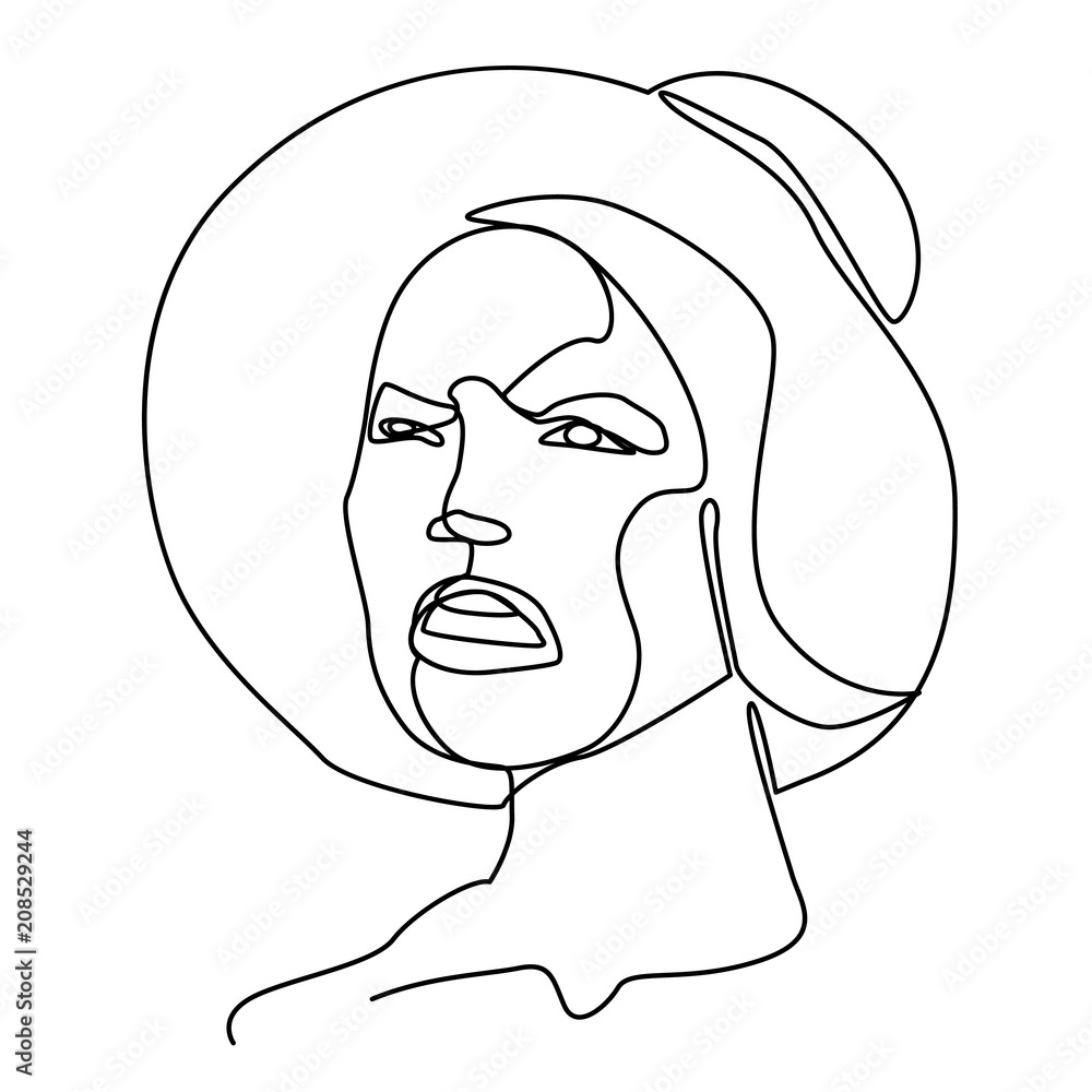 Sad Woman in Hat One Line Art Portrait. Female Sadness Facial Expression. Hand Drawn Linear Woman Silhouette. Vector illustration Sad Woman in Hat One Line Art Portrait. Female Sadness Facial Expression. Hand Drawn Linear Woman Silhouette. Vector illustration