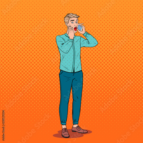 Pop Art Shocked Man with Long Nose Talking on Smartphone. Fake News Concept. Vector illustration