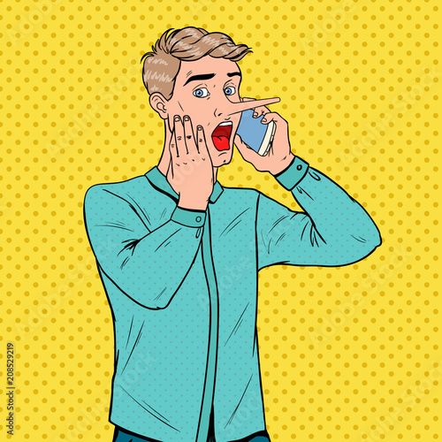 Pop Art Shocked Man with Long Nose Talking on Smartphone. Fake News Concept. Vector illustration