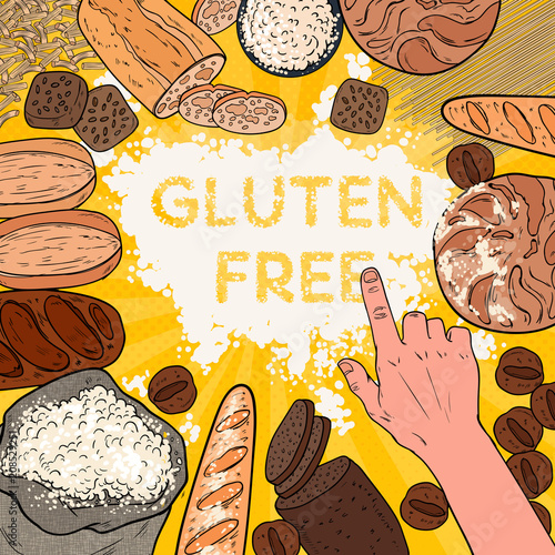 Gluten Free Background with Flour, Breads, Pastries and Bakery. Pop Art Vector illustration