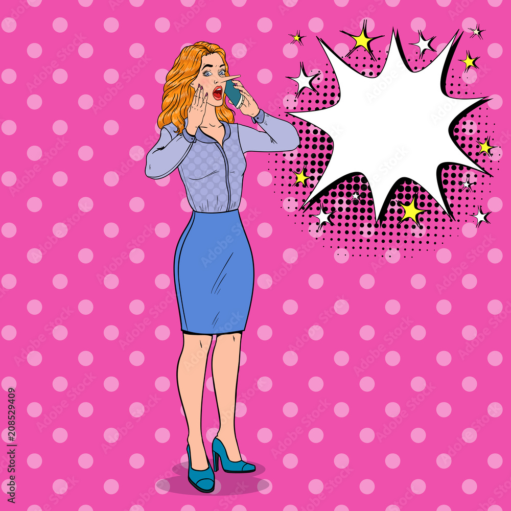 Pop Art Shocked Woman with Long Nose Talking on Smartphone. Fake News Concept. Vector illustration Pop Art Shocked Woman with Long Nose Talking on Smartphone. Fake News Concept. Vector illustration