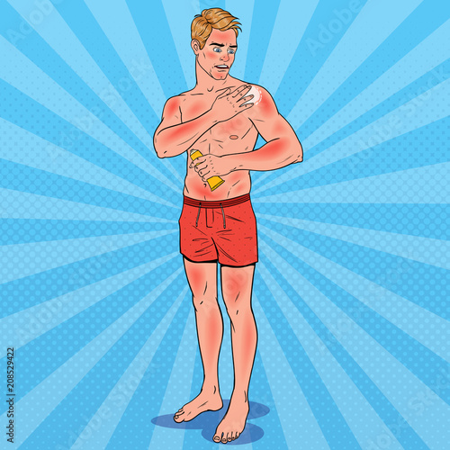 Pop Art Man with Sunburn. Tourist Applying Suncream on Sunburned Skin. Vector illustration