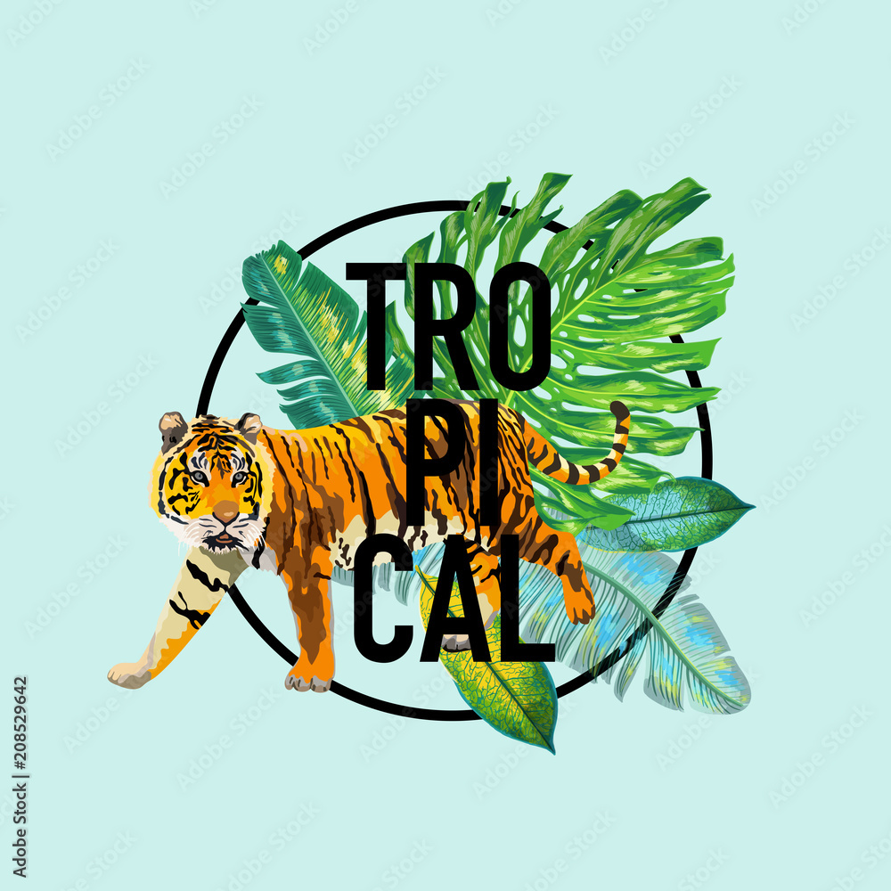 Hello Summer Tropical Design with Palm Leaves and Tigers. Tropic Beach Vacation Poster, Banner, T-shirt, Flyer, Cover. Vector illustration